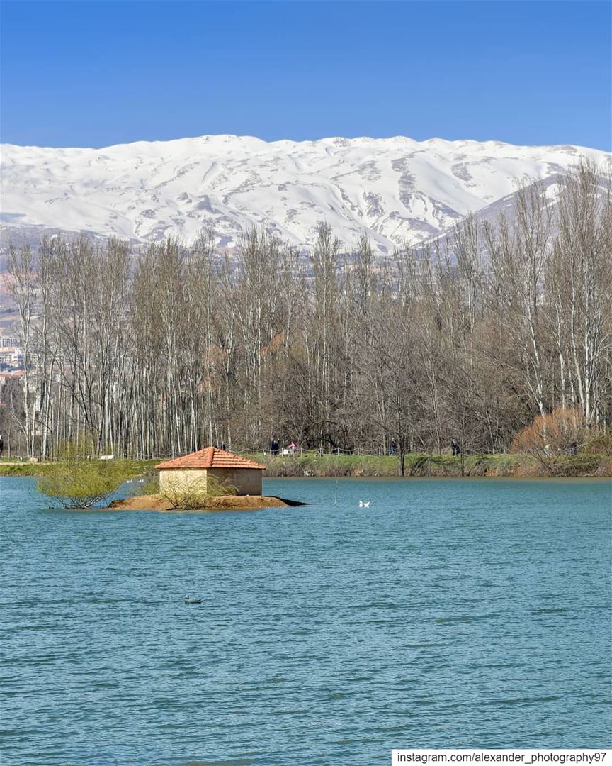 A beautiful early spring day - Taanayel Lake and the snow capped Mount... (Deïr Taanâyel, Béqaa, Lebanon)