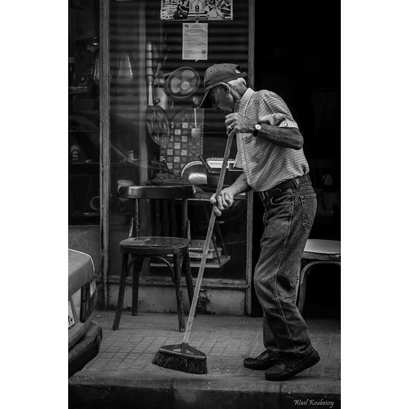  bnw  blackandwhite  street  photography  old  man  cleaning  broom ... (Burj Hammud)
