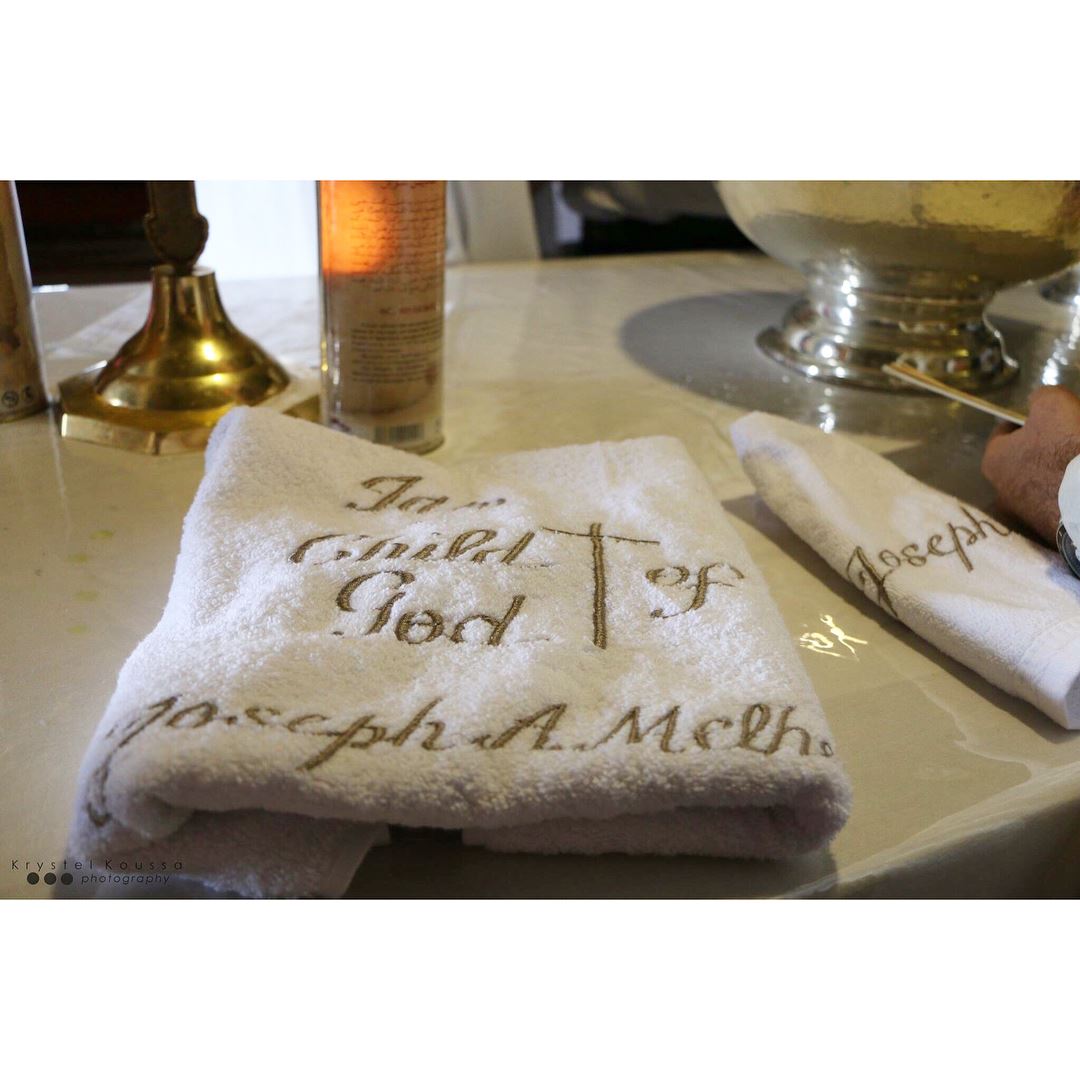Customized Towel by @with_lotsoflove for Joseph’s  Christening ✝️🙏🏻 ... (Mazar Saint Charbel-Annaya)