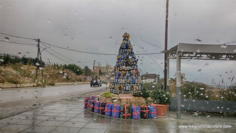 Empty Oil Bottles Creating a Christmas Tree in a Gas Station (Okaybe, Lebanon)