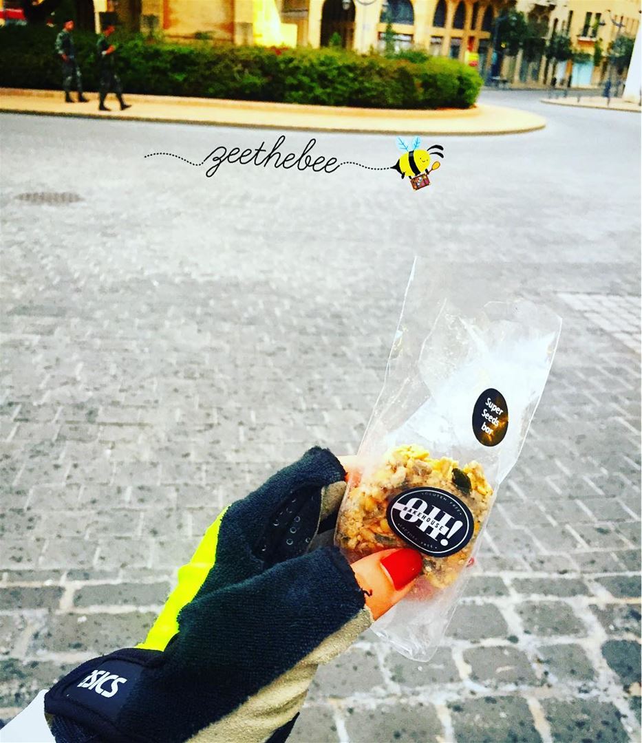 Finishing my morning Jog with a Super Seeds bar from @ohbakehouse ..... (Downtown Beirut)