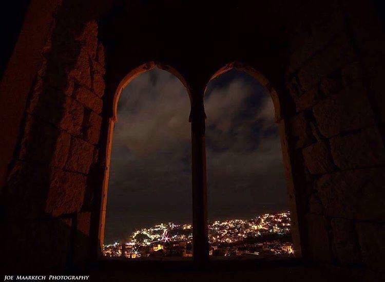 I think I can hear the unseen moon...  window  old  sky  night  lights ... (Ghazir, Mont-Liban, Lebanon)