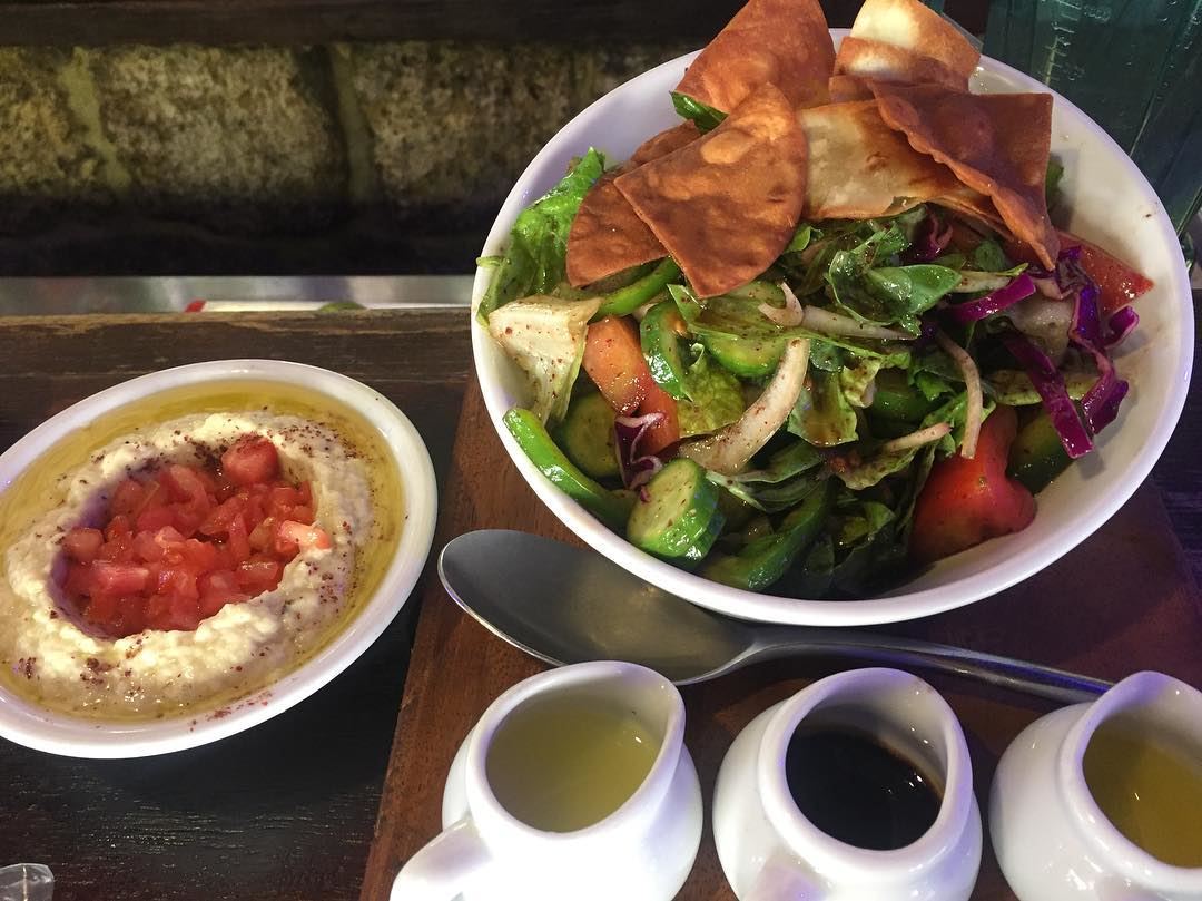 Lebanese food , “Fattoush” with “ Baba Ghannouj” , best combination to...