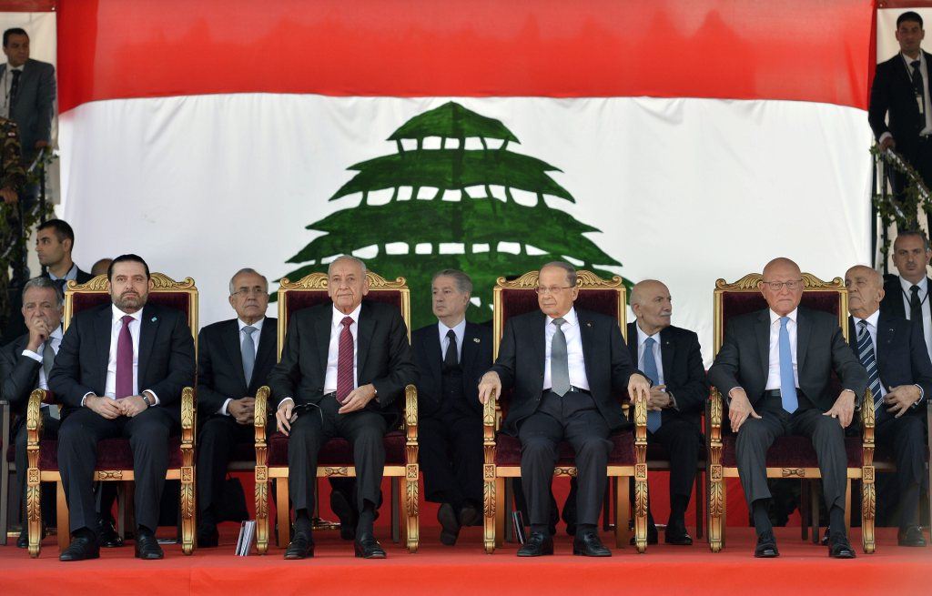 Lebanese President Michel Aoun (2-R), Parliament Speaker Nabih Berri (2-L), Lebanese Prime Minister-designate Saad Hariri (L) and Lebanese caretaker Prime Minister Tammam Salam (R) attend 73th anniversary of Independence Day.