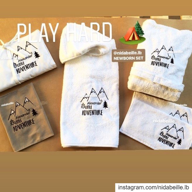 Let s go on an adventure 🏔 new born set ! Write it on fabric by nid d'abei