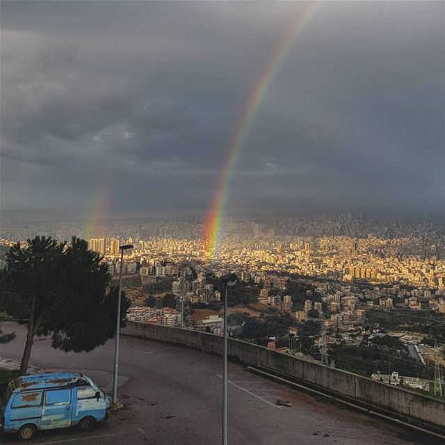 Morninng 💙🌳🚃🌈.... lebanon  seaview   blue  rainbow  winter ...