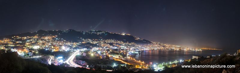 Night Panoramic Photo Showing: Beirut, Zouk, Jounieh, Jounieh Bay, Harissa Mountains, Haret Sakher, Adma