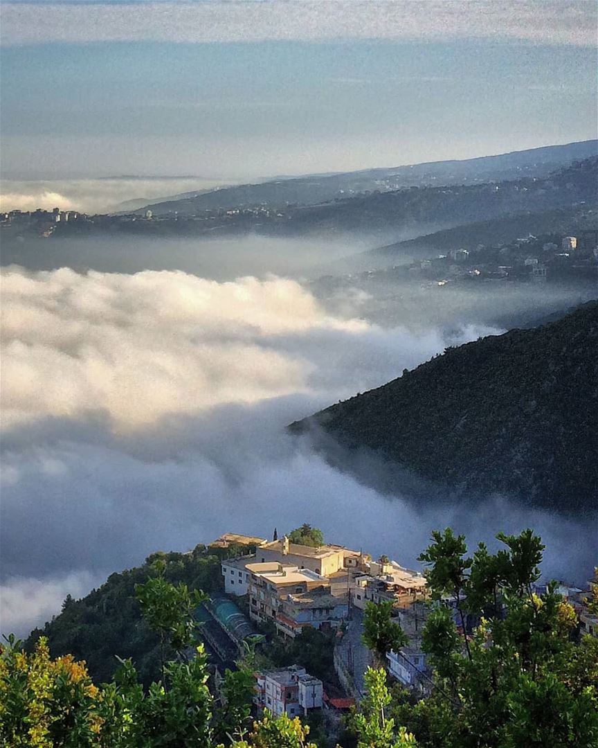 One door away from heaven 💚.. fog  valley  mountain  peak  sea ... (Ghosta, Mont-Liban, Lebanon)