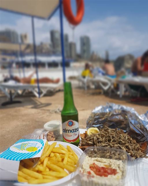 Simple pleasures come in bizri, moutabal, batata and a cold Almaza ........ (Beirut, Lebanon)