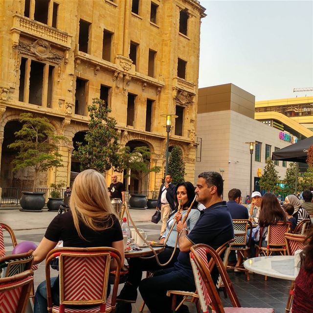 Sitting at a café, enjoying great Lebanese fare and visiting. @cafelibanais (Beirut Souks)
