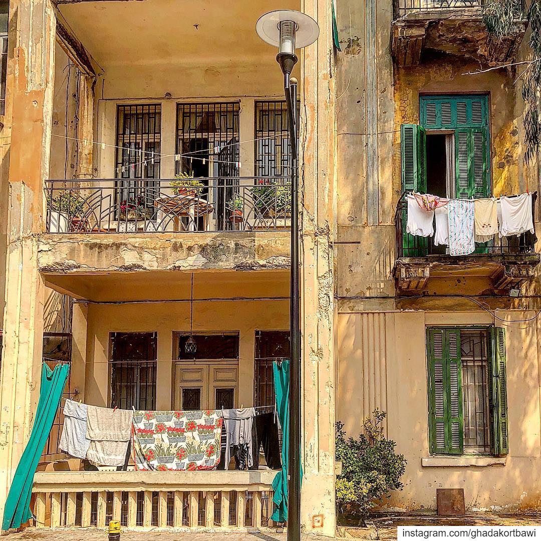 Sun dried Fridays..... laundryday  balconies  oldbuilding  green ... (Achrafieh, Lebanon)