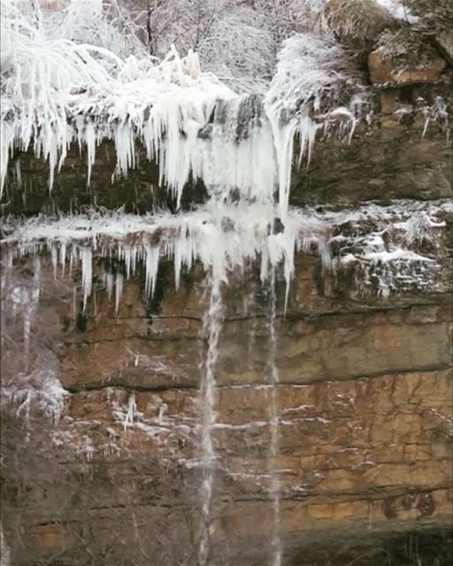 The Frozen Waterfall 💦⛄❄🎶🎥 icicles  ice  snow  waterfall  winter ... (Faraya, Mont-Liban, Lebanon)