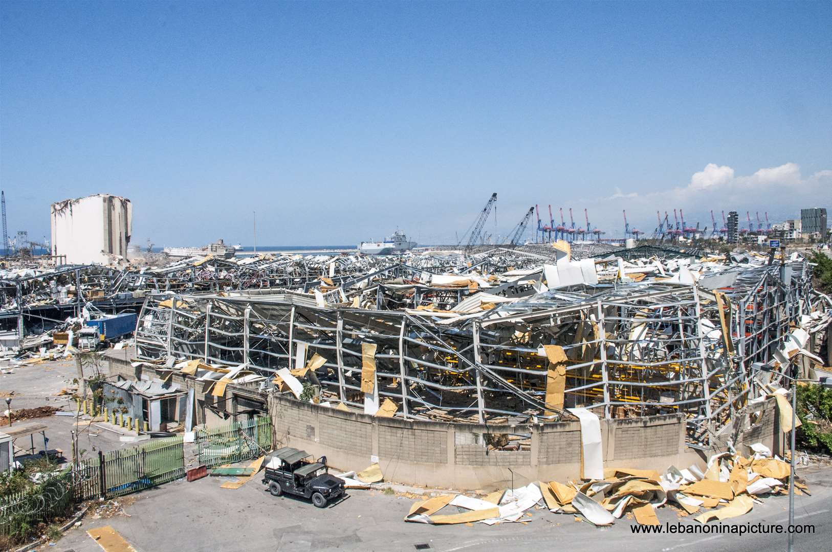 The port area where their used to be big refrigerators, all destroyed because of the Beirut Port Explosion