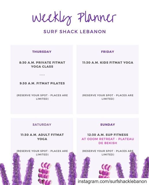 ¶This Week's Schedule - August 8 to August 11:-Classes:PILATES w/ Sabina... (Surf Shack Lebanon)