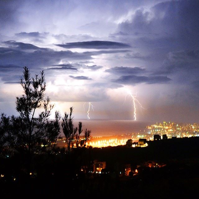Thunderstorm, pine forest, Beirut and the airport as seen from bchamoun...