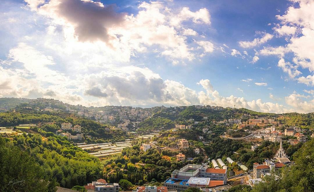  town  clouds  light  ray   tree  mountains  valley  aintoura  lebanon ... (Antoura)