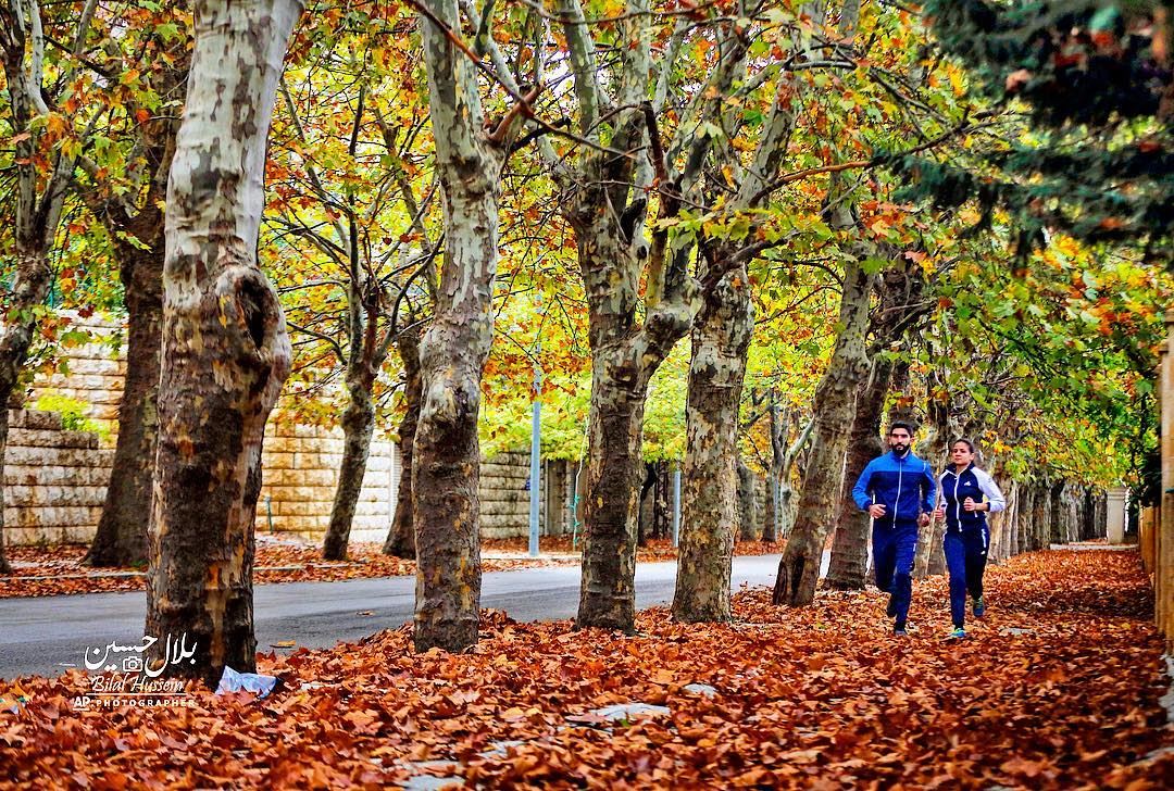 A couple jog on a street covered with fallen leaves in Sawfar village,...