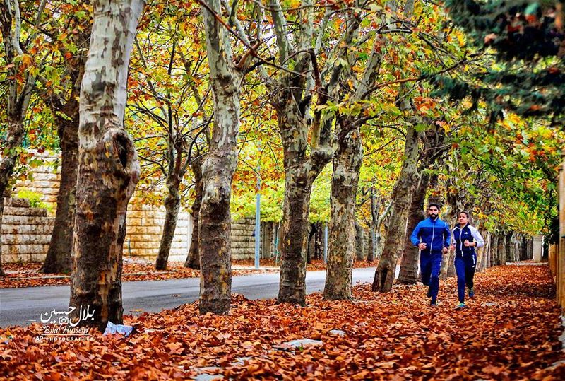 A couple jog on a street covered with fallen leaves in Sawfar village,...