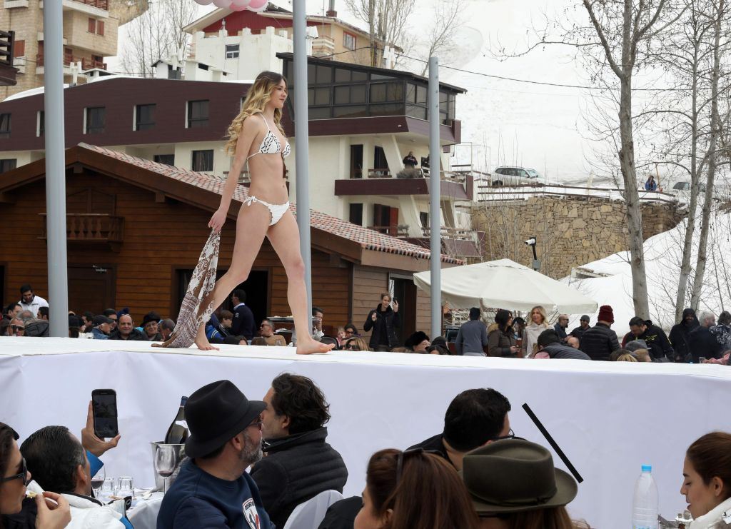 A model during the “Ski and fashion 2017” lingerie fashion show in Faraya. (ANWAR AMRO / AFP) via pow.photos