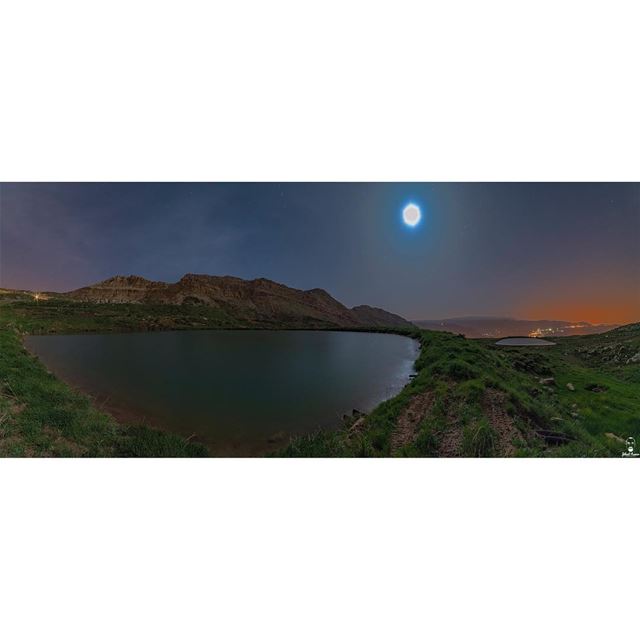 A Panoramic view over Akoura Ponds with a rising full moon, Enjoy the...