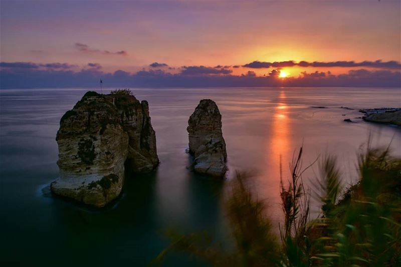 A view on beirut famous rocky formation called 'Al Rawshè' shot at sunset - (Ar Rawshah, Beyrouth, Lebanon)