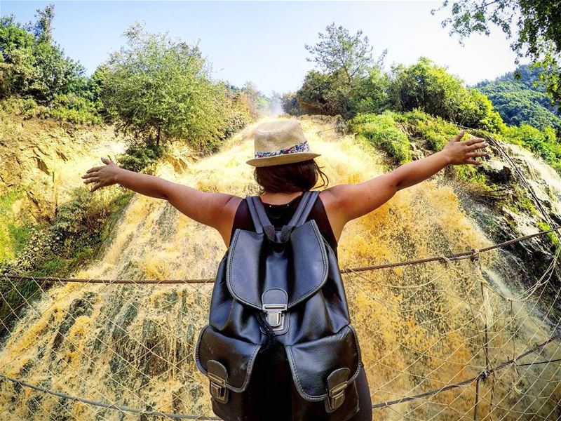  ArmsWideOpen  GoldenWaterfall  HikerGirl  LiveLoveLife  BeautifulNature ... (Ouyoun El Samak Waterfalls)