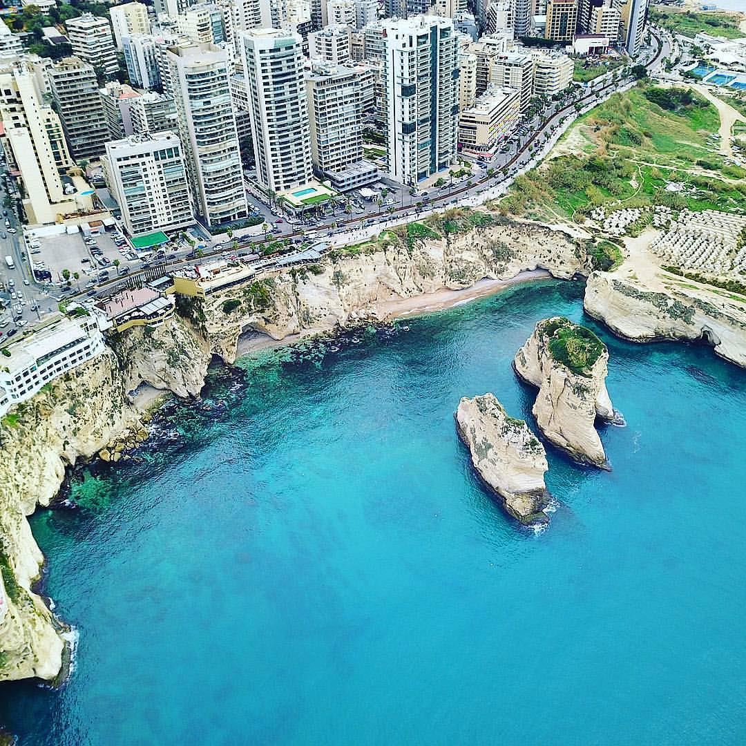 B E I R U T - Raouche rocks from above 🇱🇧 💙By @nagsm  AboveBeirut ... (Beirut, Lebanon)