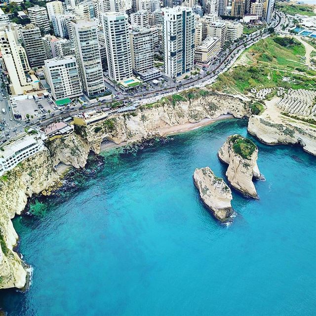 B E I R U T - Raouche rocks from above 🇱🇧 💙By @nagsm  AboveBeirut ... (Beirut, Lebanon)