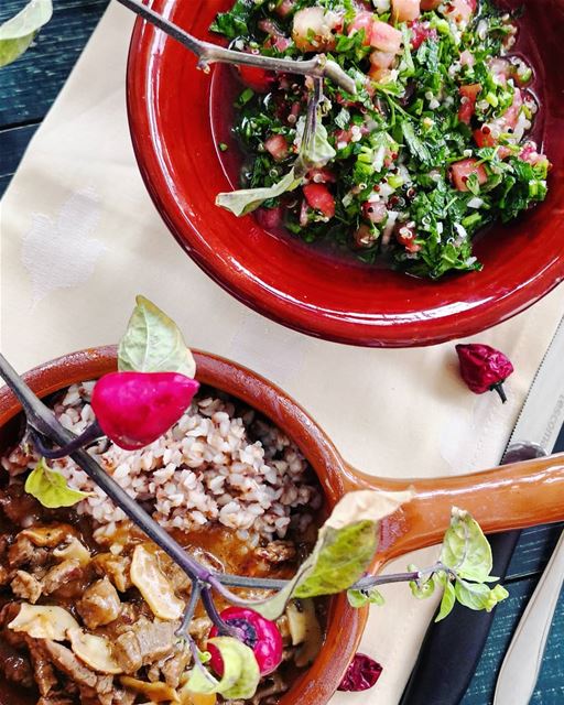 Beef stroganoff(150g) with buckwheat(100g) and tabbouleh(200g)-sample of... (Beirut, Lebanon)