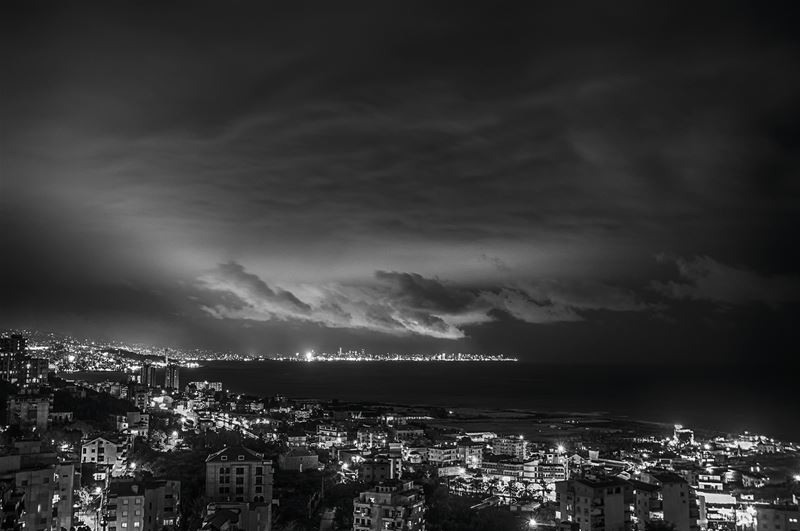 Beirut TLooking up at the Storm in Black and White (Safra, Kesrwan, Lebanon)