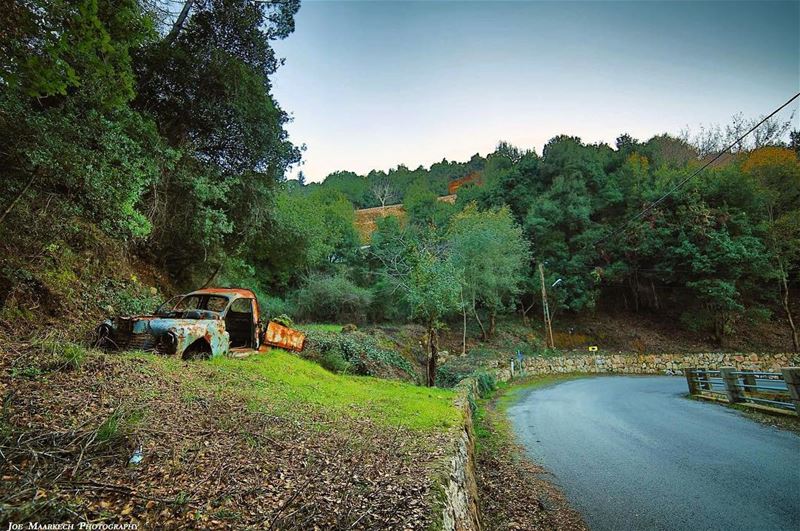 Blue cars is the worst of the devil...  car  old  road  nature  mountain ... (Aramoun, Keserwan)