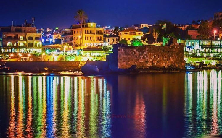  byblos at  night  city  lights  sea  reflection  boat  old  port ... (Byblos - Jbeil)