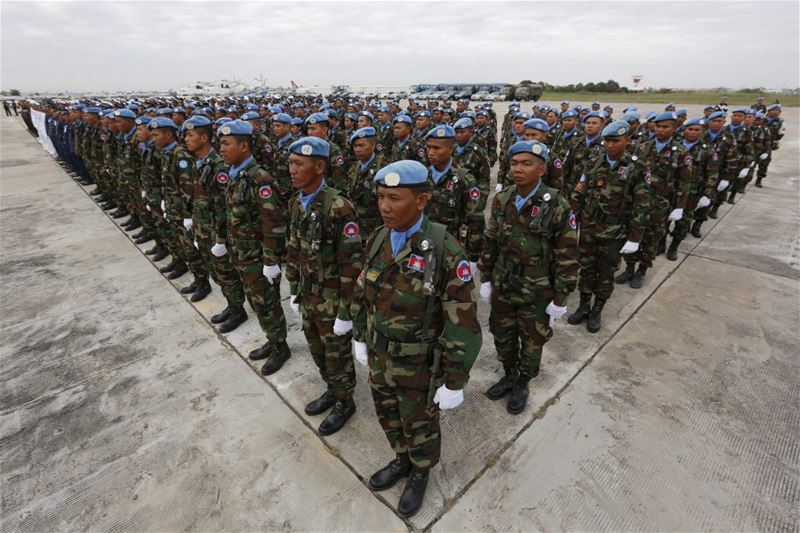 Cambodian soldiers stand in lines during a ceremony before their departure to Lebanon as part of UNIFIL.