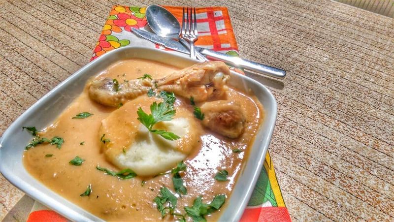 Chicken Granat soup (African Peanut butter soup) with mashed potatoes and... (Em's cuisine)