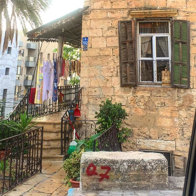Chopping board on a window sill, the laundry out to dry, brooms hanged on... (Baabda)