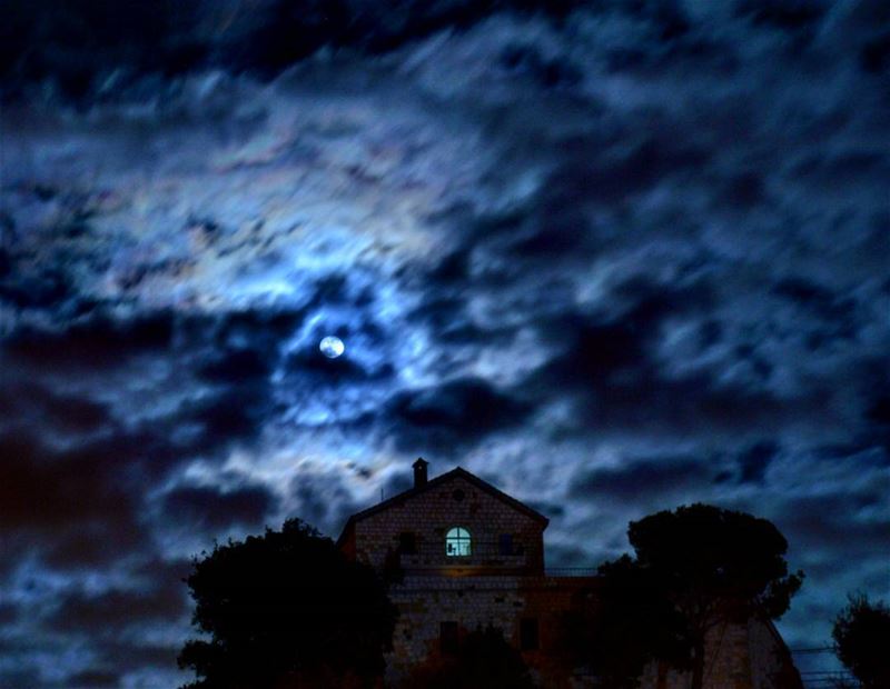 Church of St.Michael night winter cold moon fullmoon clouds stars... (Mar Moussa Douwar)