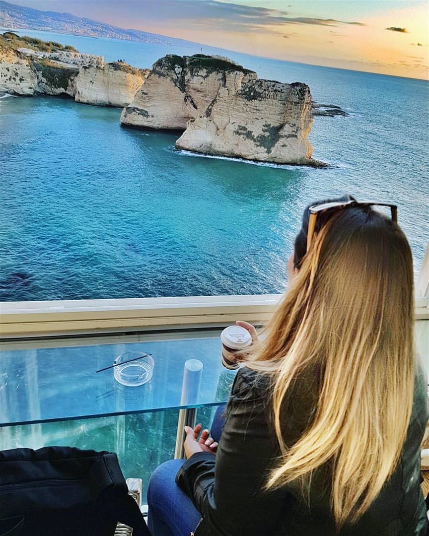 Coffee with a view! 💙 💙 By @framewithaview  GoodMorningBeirut  Rawché ... (Ar Rawshah, Beyrouth, Lebanon)