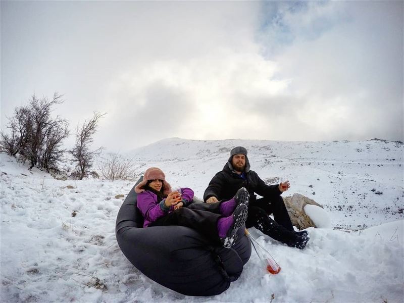  CouplesWhoHike  Cheers  EnjoyTheMoment 😎🍷❄⛅ Fog  Snow  Barouk  Lebanon... (Bâroûk, Mont-Liban, Lebanon)
