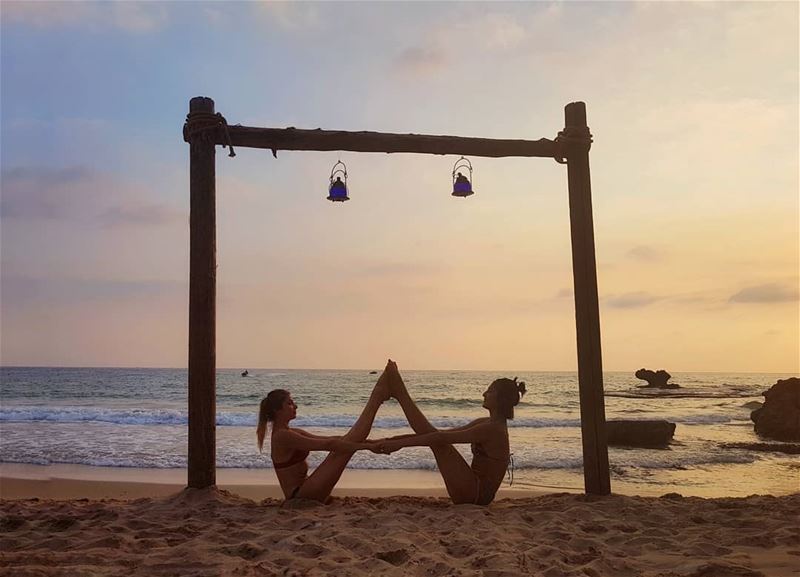 •Doubles• 🤸‍♀️... beachyoga  summer  vibes  happyvibes acroyoga ... (Byblos, Lebanon)