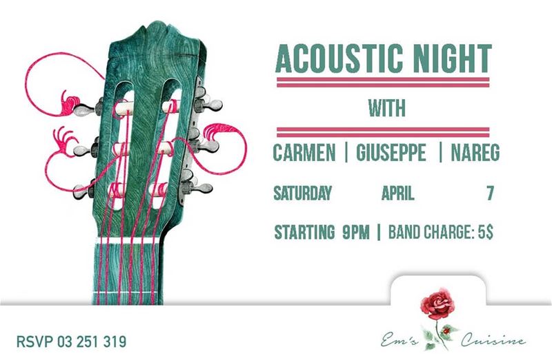 Em's going Acoustic this Saturday! Event starts at 9PM. Band Charge 5$.... (Em's cuisine)
