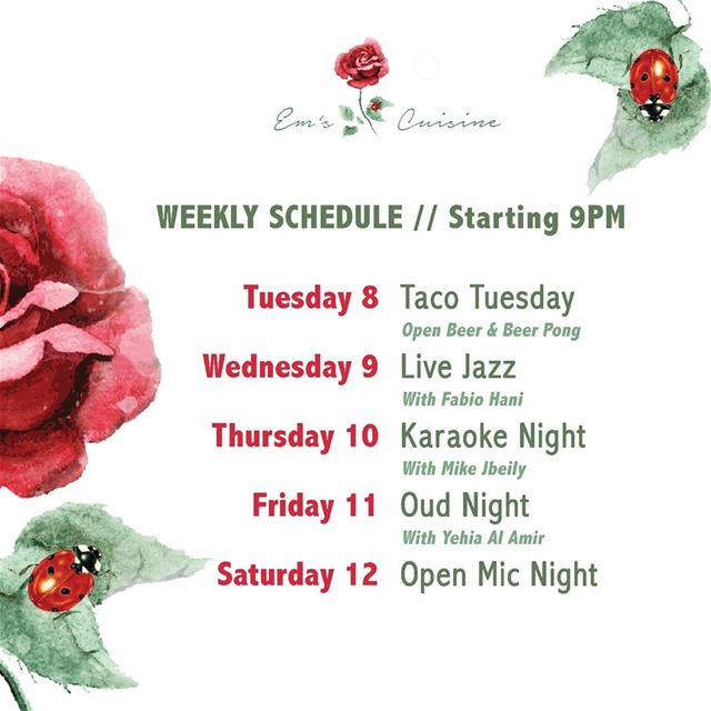 Em's weekly calendar. We've got you covered!For info and reservations ☎️... (Em's cuisine)