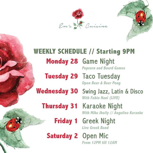 Em's weekly calendar. We've got you covered!For info and reservations ☎️... (Em's cuisine)