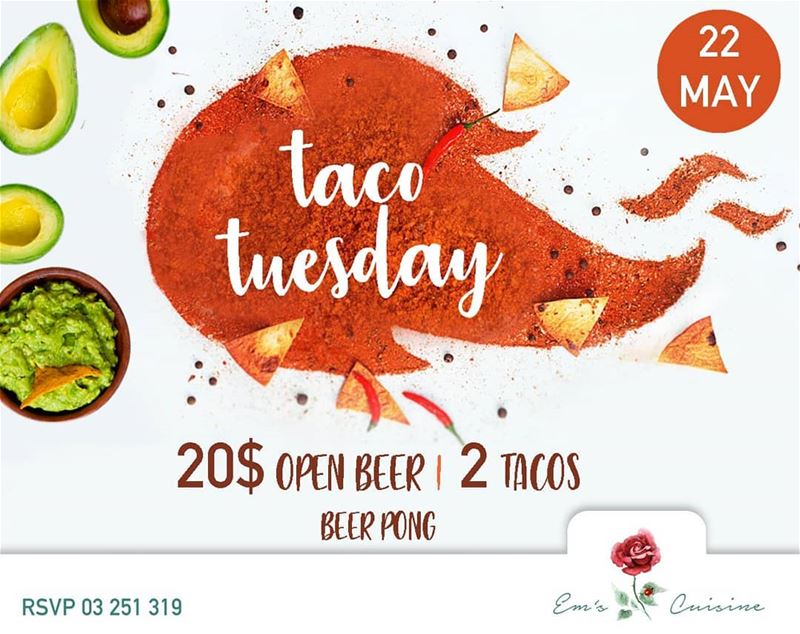 Every Tuesday is TACO TUESDAY at Em's. Join us this Tuesday at 9PM. 2... (Em's cuisine)