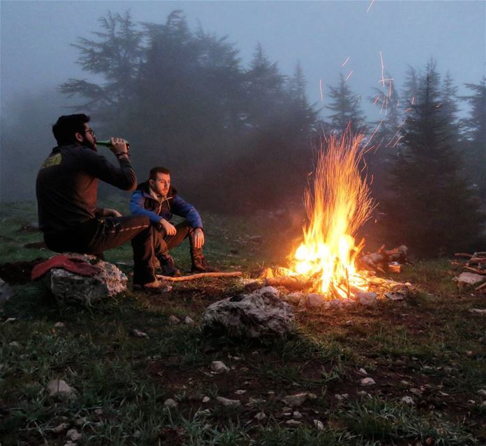 Happy Hour 🔥 fire  drink  friends  nature  outdoors  camp  fog  trees ...