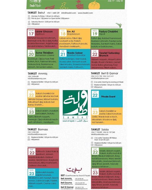 Here is the menu of all tawlets for this week... Sahtein !  SoukelTayeb ...