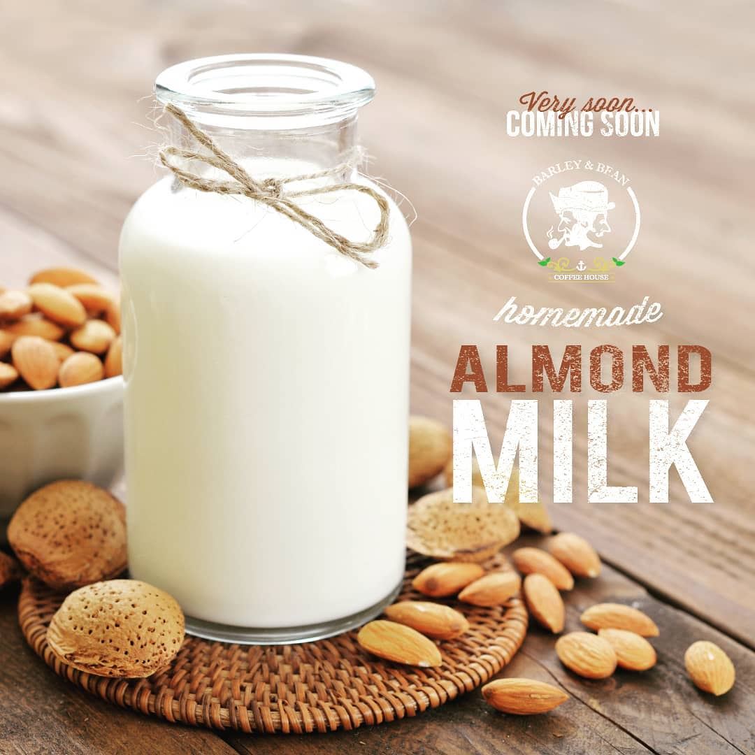 HOME - MADE ALMOND MILK AVAILABLE SOON AT BARLEY & BEAN COFFEE HOUSE...