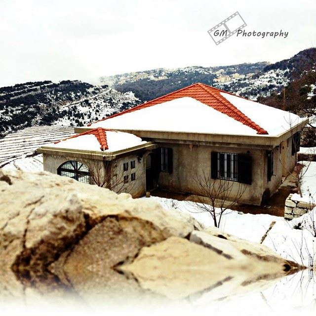 Home under snow on a cloudy day at Annaya  livelovebeirut @livelovebeirut ...