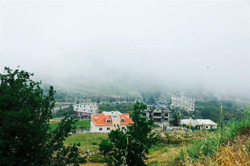 Houses in the valley, with fog covering the whole mountain behind it. My... (Bhamdoûn, Mont-Liban, Lebanon)