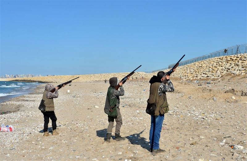 Hunters shooting down seagulls in the landfill at the Costa Brava dump, near Beirut Airport. (WAEL HAMZEH / EPA)