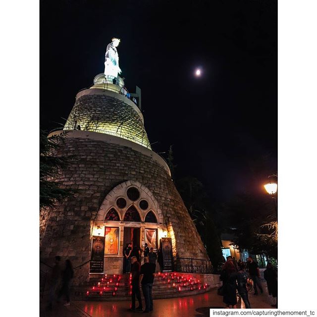  ladyoflebanonharissa church prayers candles light moon moonlight... (Harisa Jounieh)